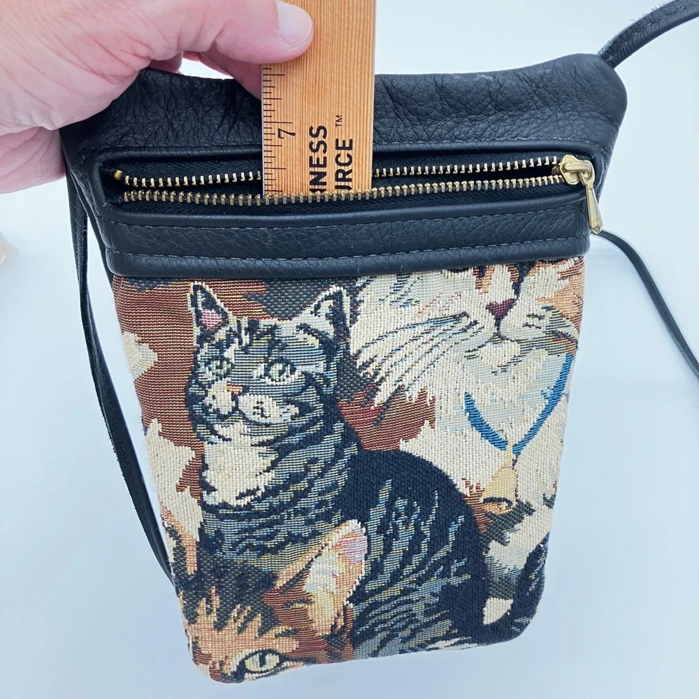 Vintage Crossbody Bag Small Black Leather Cat Tapestry Pouch Kitten Cottagecore